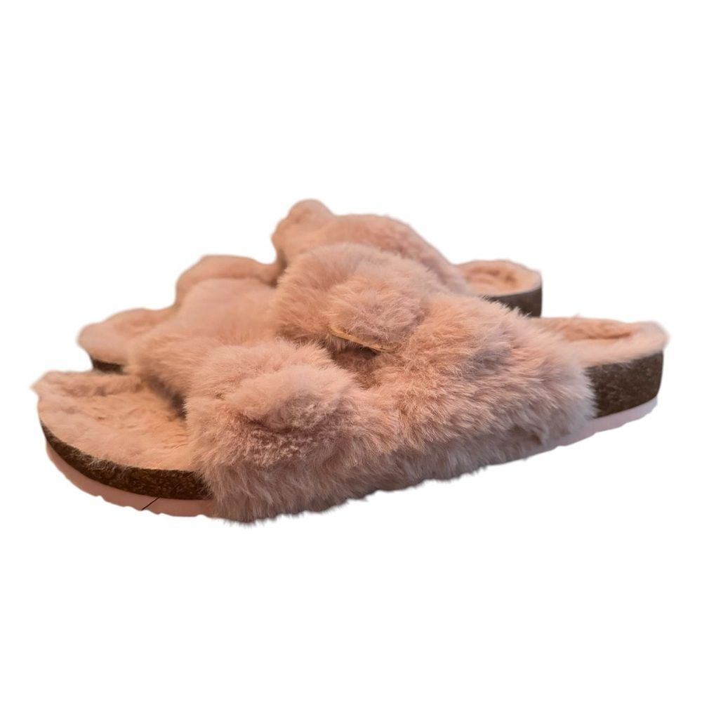 Fuzzy Slippers Size 8 Cork Footbed Fluffy Slides Open Toe Indoor Outdoor